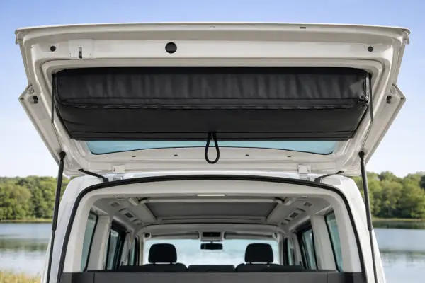 VW T6 Heckklappenverkleidung mit herausnehmbaren Klappstühlen – Camping direkt am Fahrzeug