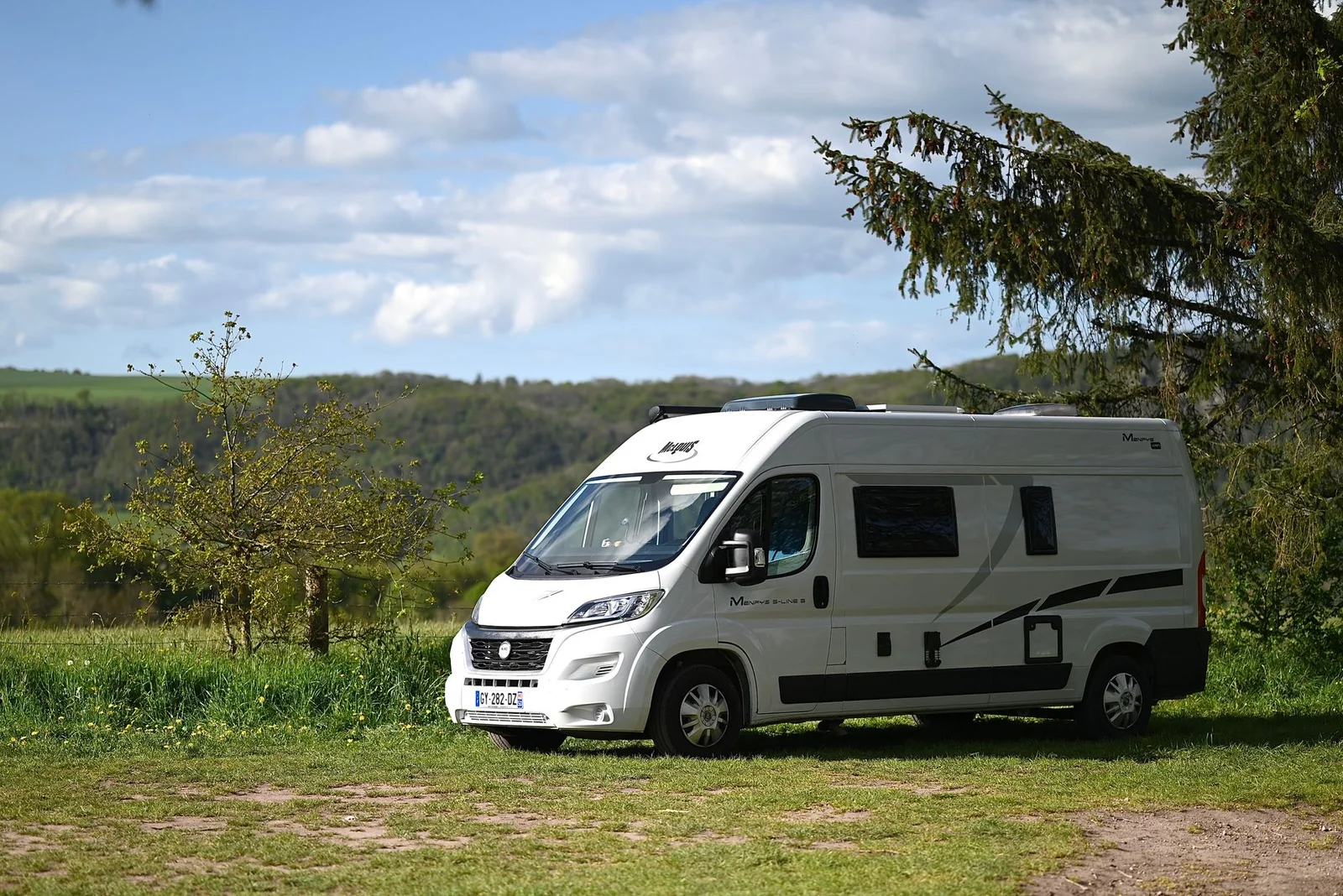 Weißer Camper steht auf einer Wiese vor Bäumen